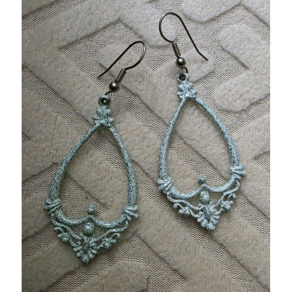 Vintage Ornate Mint Green Speckled Enamel Teardrop Drop Metalic Earrings 2"
